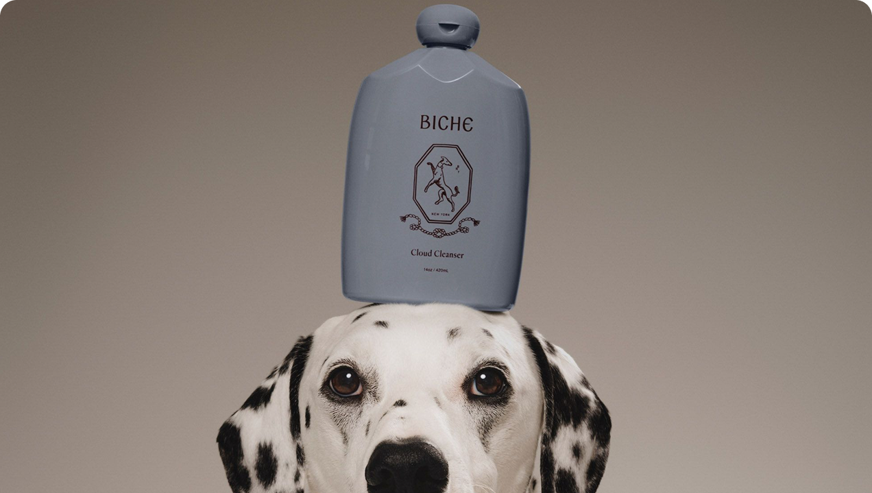 Dog beside premium pet care products featured by CP&KRELL
